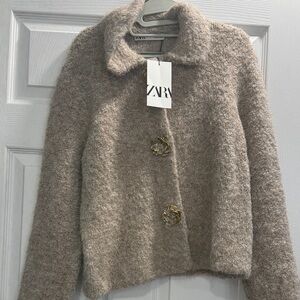 Zara Women's Cream Teddy Jacket with Gold Buttons